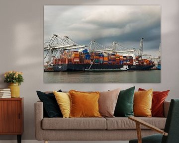 Frachtcontainerschiff auf dem Containerterminal im Hafen von Rotterdam von Sjoerd van der Wal