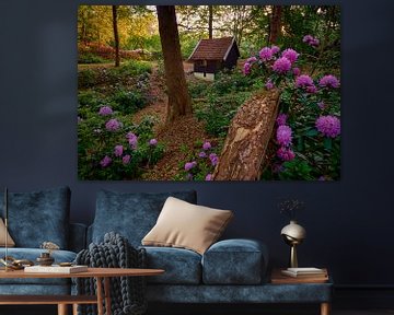 Sprookjeslandschap met rododendrons en huisje van Jenco van Zalk