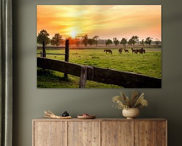 Chevaux dans la prairie au coucher du soleil sur Rick van Geel