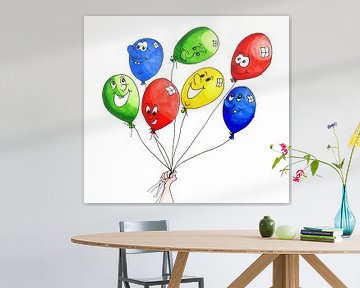 Waterverf illustratie met vrolijke gekleurde ballonnen van Ivonne Wierink