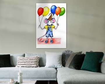 Feestelijke kleine muis met ballonnen van Ivonne Wierink