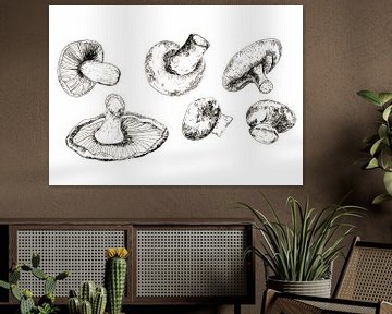 Inkt tekening van champignons van Ivonne Wierink