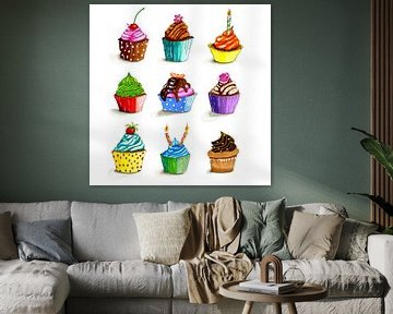 Illustratie van getekende kleurige cupcakes van Ivonne Wierink