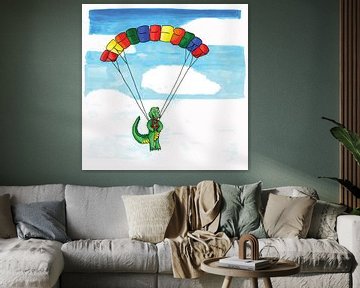 Grappige tekening van krokodil die aan paraglider hangt van Ivonne Wierink