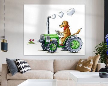 Illustration of funny dog on tractor by Ivonne Wierink