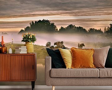 Netherlands, Tienhoven, Cows in morning fog in Molenpolder. by Frans Lemmens