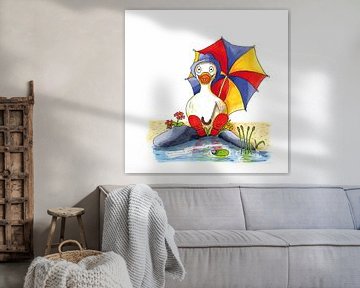 Karikatur einer fröhlichen Ente am Wasser sitzend von Ivonne Wierink