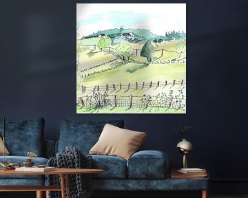 Colorful sketch of landscape in French Limousin by Ivonne Wierink