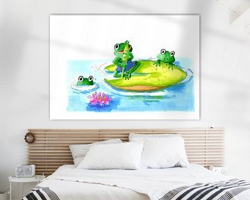 Illustration of frogs playing on water lily by Ivonne Wierink