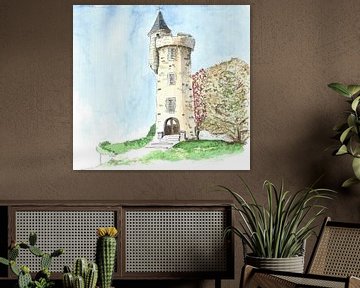 Illustration tower in village Masseret in France by Ivonne Wierink