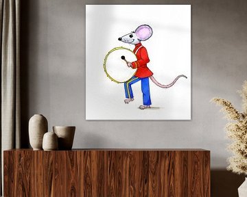Illustratie van muis die op de trommel staat van Ivonne Wierink
