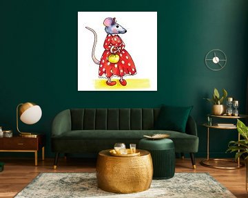 Grappige muis met rode jurk van Ivonne Wierink