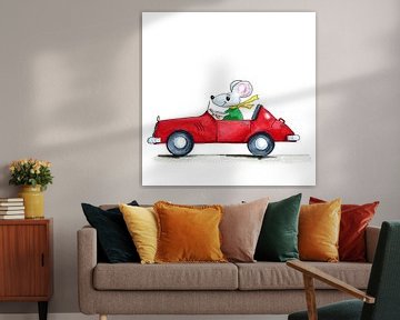 Illustration mouse in red open car isolated over white background by Ivonne Wierink