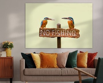 Kingfishers with fish on 'no fishing' plate