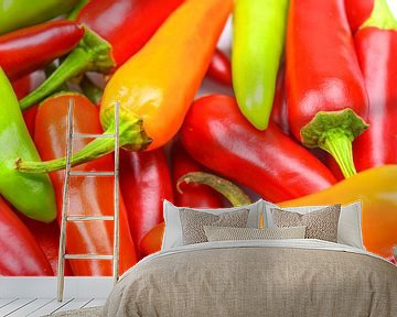 Stapel van hete rode, oranje en groene Chili-paprika's voor gekruid eten van Sjoerd van der Wal Fotografie