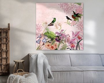 Tropische vogels in de roze bloemenjungle van Floral Abstractions