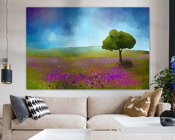 Peinture d'un paysage avec des fleurs violettes sur Tanja Udelhofen