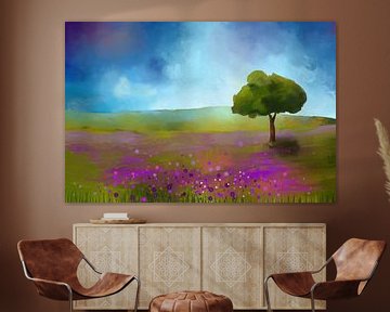Schilderij van een Landschap met paarse bloemen van Tanja Udelhofen