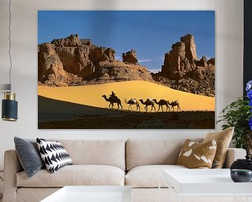 Sahara desert, Camel caravan and Tuareg camel driver