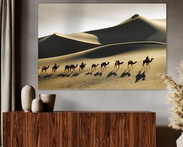 Désert du Sahara, caravane de chameaux et chameliers touaregs
