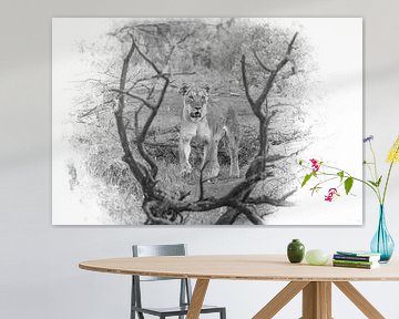 Een bijzondere compositie van een leeuwin in zwart-wit. van Gunter Nuyts