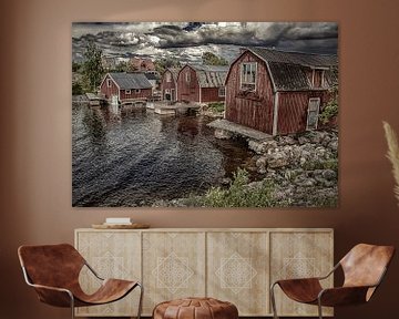 Paysage suédois avec des maisons sur un village de pêcheurs de fjord sur Evelien van der Horst