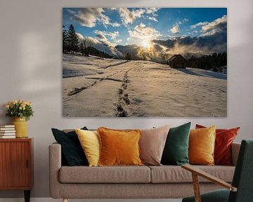 Zonsondergang in besneeuwd Zwitserland van MindScape Photography