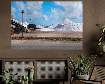 De hoge witte bergen zout bij de Zoutpannen met de transportband op Bonaire van Alie Messink