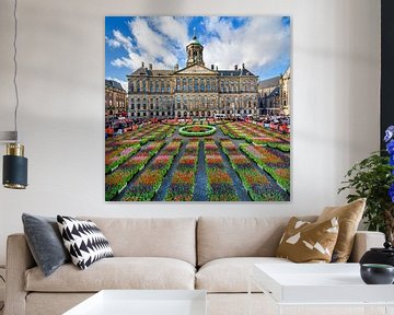 Palace on Dam Square in Amsterdam at the start of the tulip season by Frans Lemmens