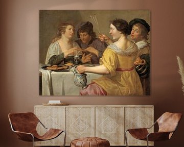Jan van Bijlert, Vrolijk viertal, krakelingen etend, Het trekken aan de krakeling - 1630s van Atelier Liesjes