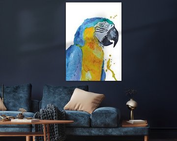 Blauer Ara - Kunstdruck einer speziellen tropischen Vogelillustration von Angela Peters