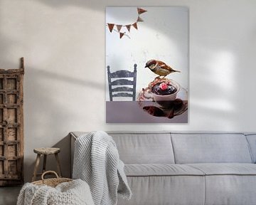 Collage Art Print - Bird friends party by Angela Peters