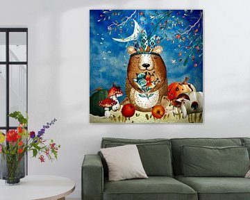 Night illustration brown bear in autumn by Floral Abstractions