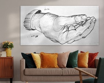 Drawing of a hand in black and white.