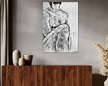 Painting of a naked male model in black and white.