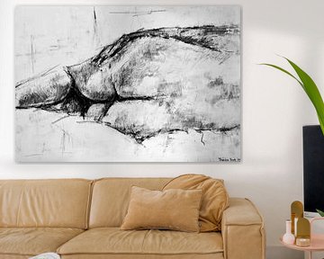 Painting of a lying naked man in black and white. by Therese Brals
