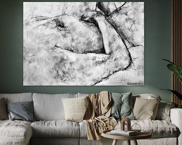 Peinture d'un homme nu allongé en noir et blanc. sur Therese Brals