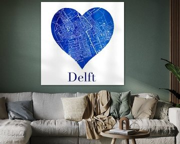 Delft | Plan de la ville dans un coeur bleu de Delft sur WereldkaartenShop