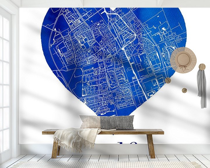 Sfeerimpressie behang: Delft | Stadskaart in een Delftsblauwe hart van Wereldkaarten.Shop