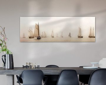 Boats of the Brown Fleet in the fog near Enkhuizen by Frans Lemmens