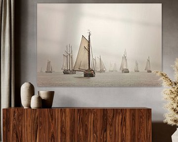 Panorama of boats of the Brown Fleet in the fog by Frans Lemmens