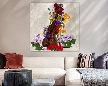 Gebroken viool omgeven door bloemen van Patricia Piotrak