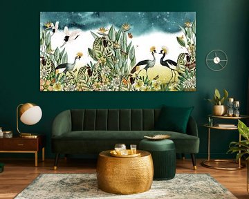 Kraanvogels met tropische planten, botanisch en illustratief van Studio POPPY