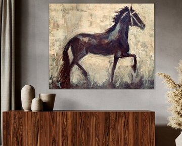 An abstract painting of a Friesian horse by Mieke Daenen