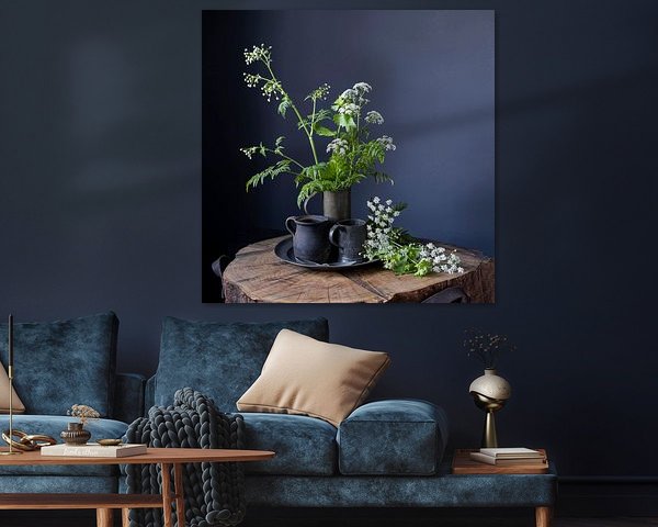 Still life with cow parsley and pewter on wood [square].
