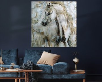 An abstract painting of a white horse by Mieke Daenen