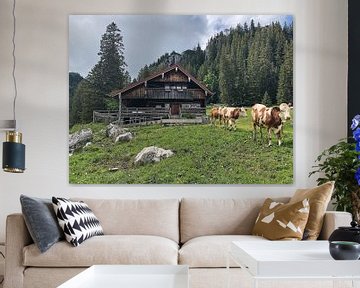 Almhütte mit Kühen davor und Bergen im Hintergrund