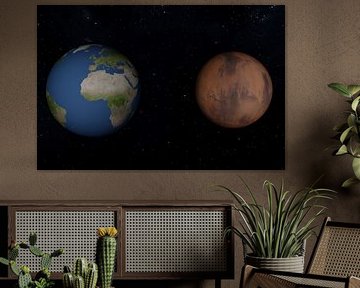 A 3D render image of the difference in size between Earth and Mars