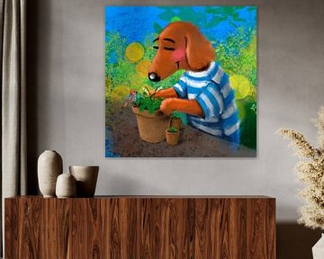 Dachshund Tobie loves gardening by Linda van Putten