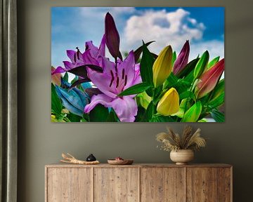 Coloured rainbow bouquet of lilies by Jolanda de Jong-Jansen